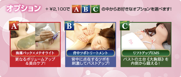 オプション　＋￥2,100でA、B、Cの中からお好きなオプションを選べます！　A.弾力のあるプルプル肌に　エレクトロポレーション＋海草パック　美顔器としても話題の「エレクトロポレーション」を採用。海草パックとの組み合わせでツヤとハリと潤いを！　B.背中からもバストアップ　背中トリートメント　背中にはバストUPのツボが密集しています。リラックスしながら背中ケア。　C.自宅でバストトップケア　ニップルライトパック　気になるトップの黒ずみをピュアカラーへ！　自宅でこっそり簡単ケア！