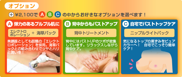 オプション　＋￥2,100でA、B、Cの中からお好きなオプションを選べます！　A.弾力のあるプルプル肌に　エレクトロポレーション＋海草パック　美顔器としても話題の「エレクトロポレーション」を採用。海草パックとの組み合わせでツヤとハリと潤いを！　B.背中からもバストアップ　背中トリートメント　背中にはバストUPのツボが密集しています。リラックスしながら背中ケア。　C.自宅でバストトップケア　ニップルライトパック　気になるトップの黒ずみをピュアカラーへ！　自宅でこっそり簡単ケア！